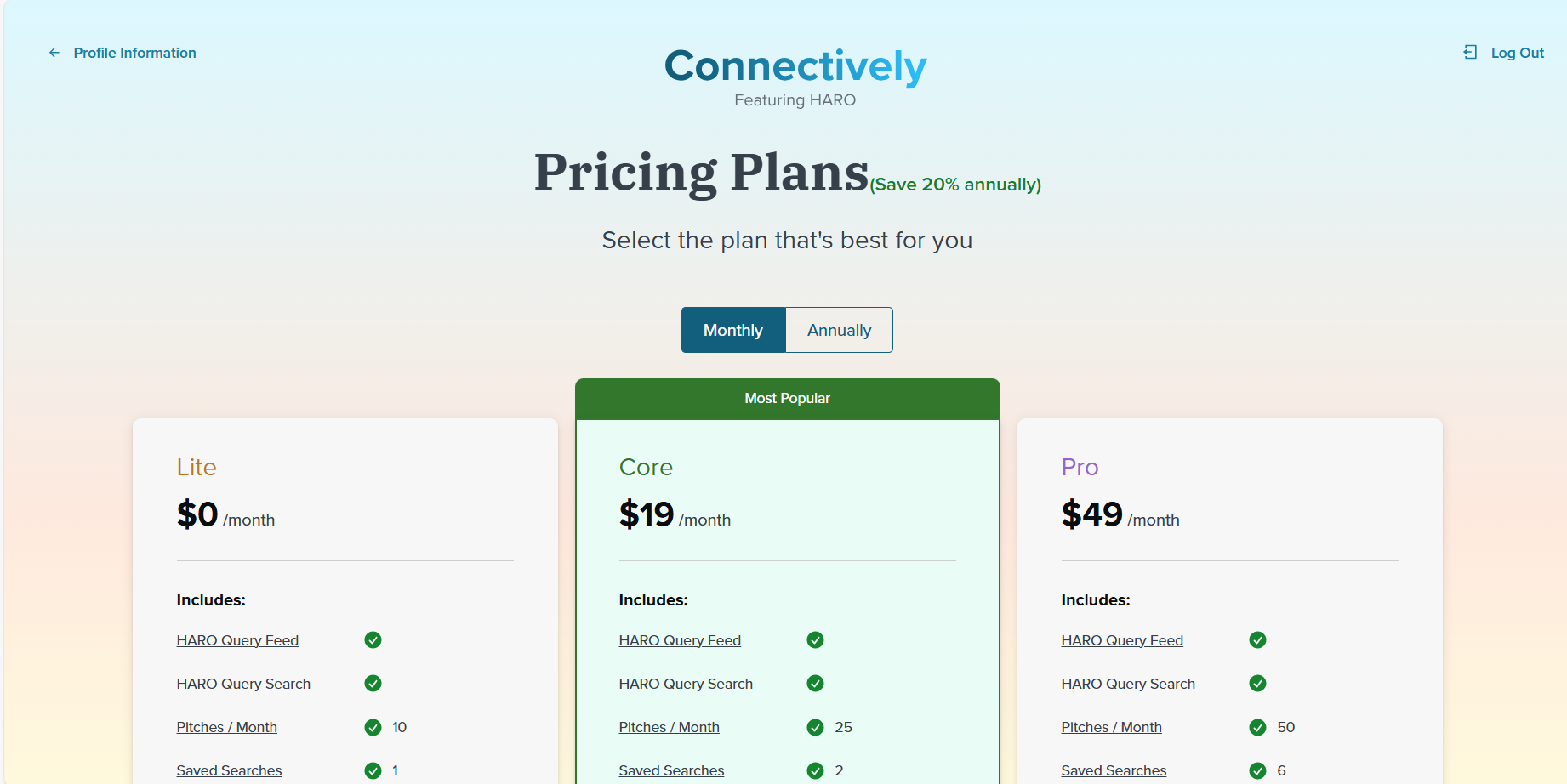 HARO Pricing page